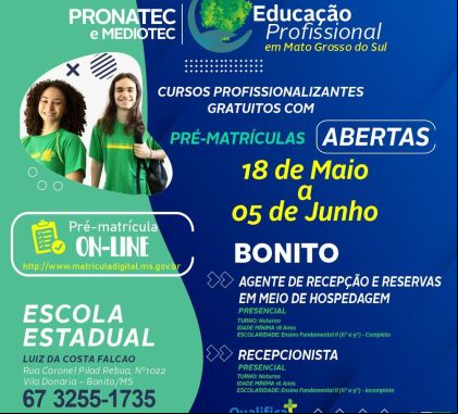 Pronatec está com matrículas abertas para cursos profissionalizantes aos estudantes de Bonito